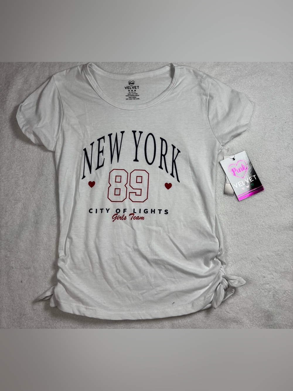 Pink Velvet Girls White “New York 89” Graphic Tee, Size M (10/12), Side Tie, NWT